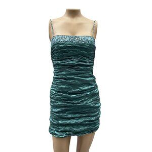 BCBG MAXAZRIA Teal Metallic Crinkle Bodycon Sequin‎ Cocktail Mini Dress Women S